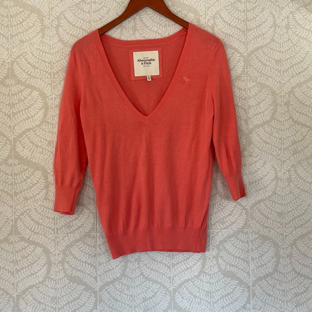 Abercrombie & Fitch Cotton Blend 3/4 Sleeve Lightweight Pink/Coral V-Neck, M